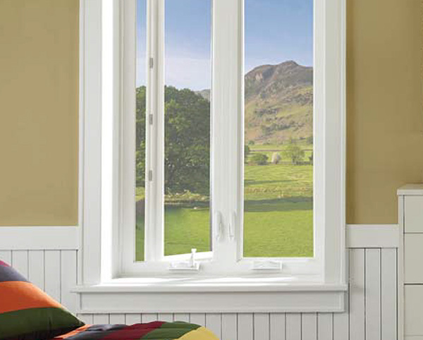 white American Classic casement awning window with a picturesque mountain view